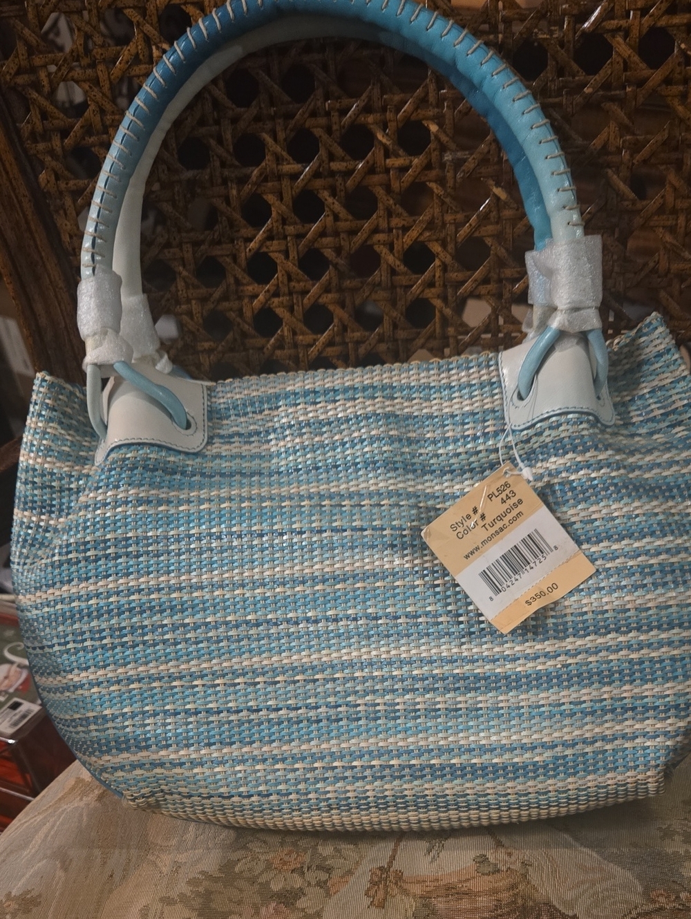Vintage Monsac Light Blue and Cream Woven Tote Bag